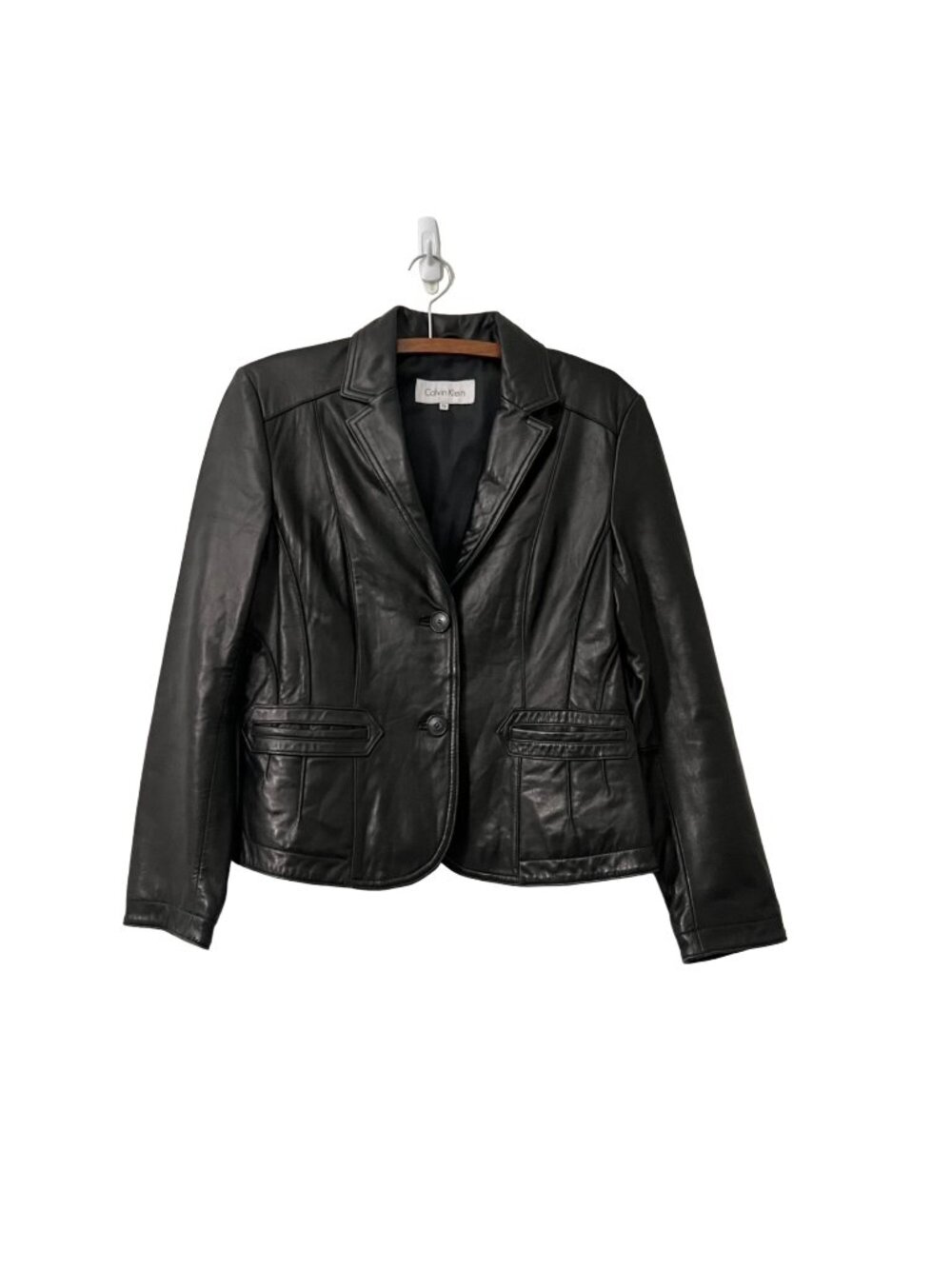 Calvin Klein Womens Black Genuine Soft Leather 2 Button Blazer Jacket Size PM